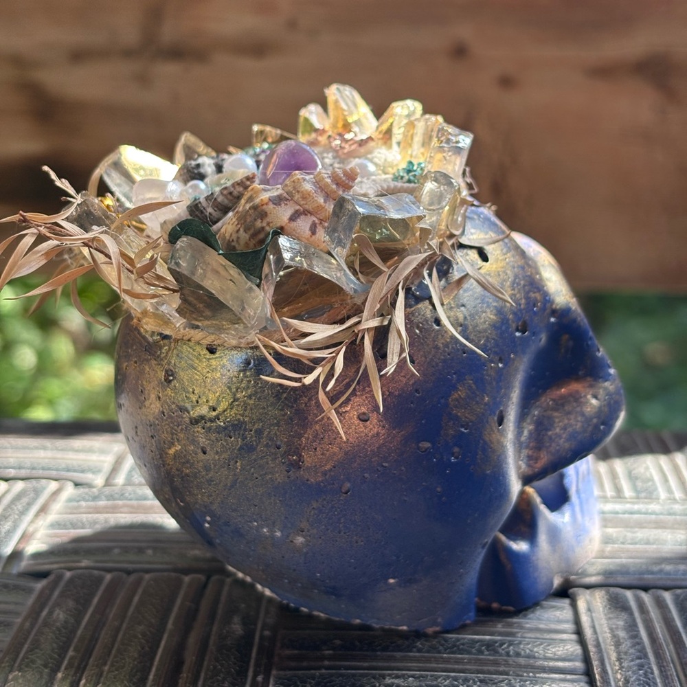 Handmade Concrete Decorated Skull • Gothic Halloween Decor